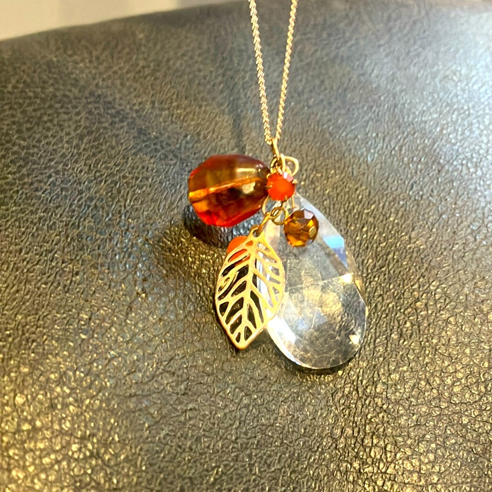 Bohemian long necklace with feather, assorted stones and prism